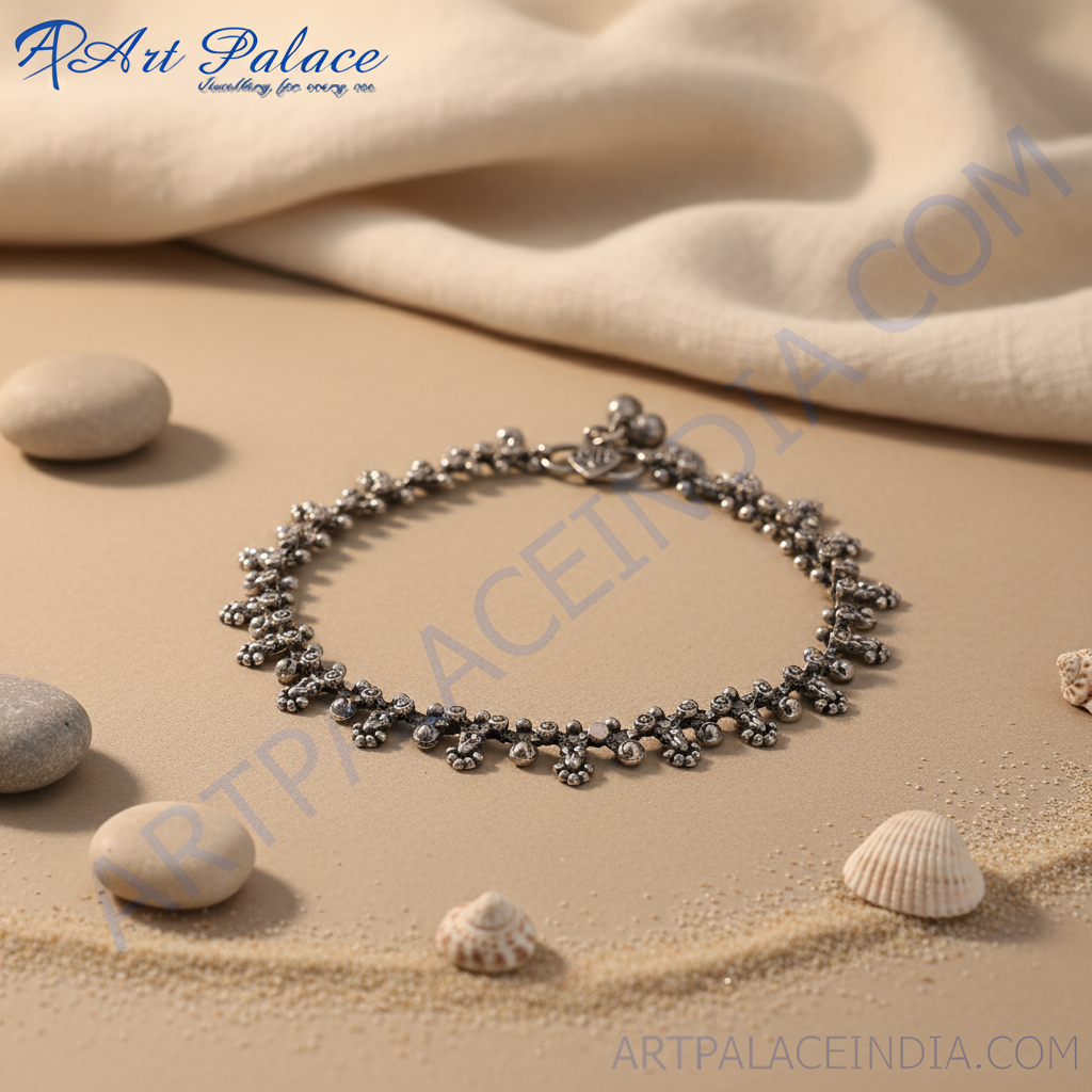 Oxidized silver anklet with intricate detailing, perfect for women's daily wear or special occasions