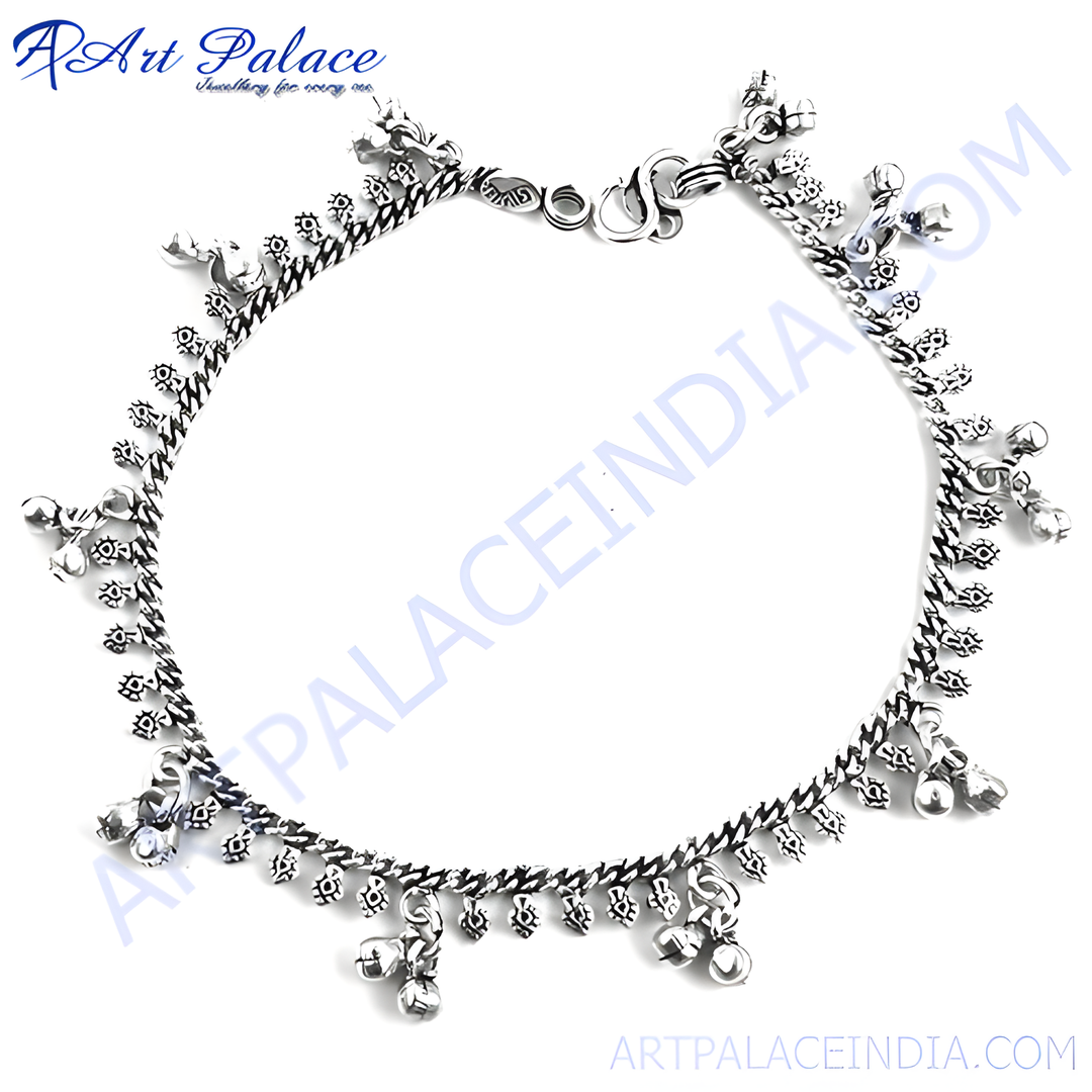 925 sterling silver anklet with delicate chain and dangling bells, a perfect piece of Indian bridal jewelry.