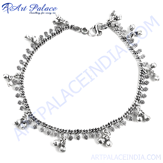 925 sterling silver anklet with delicate chain and dangling bells, a perfect piece of Indian bridal jewelry.