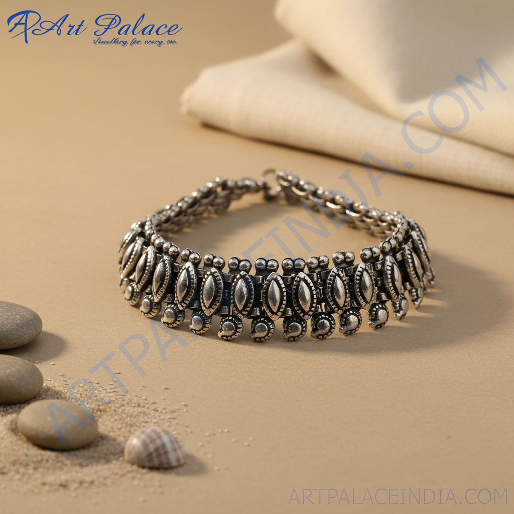 Oxidized 925 sterling silver anklet for women with intricate details and a secure clasp.