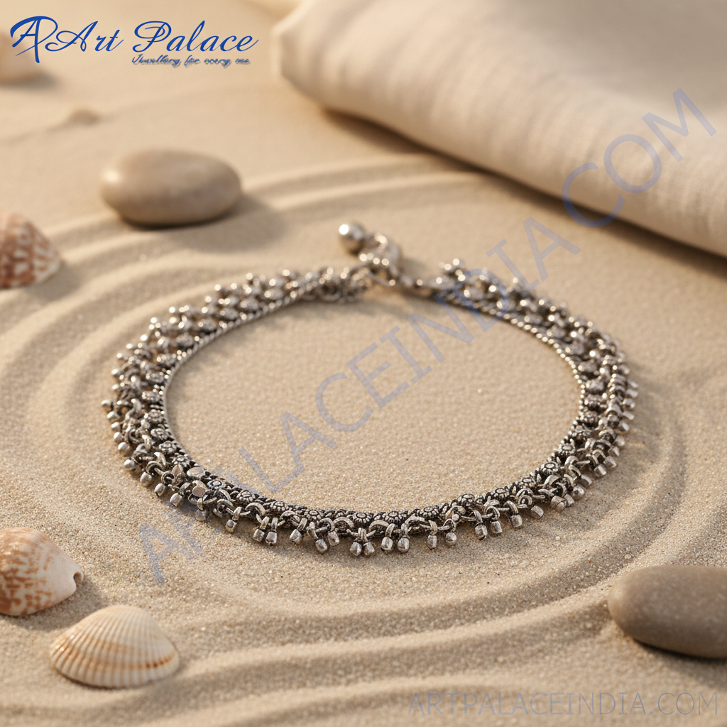 925 sterling silver floral design anklet on white background