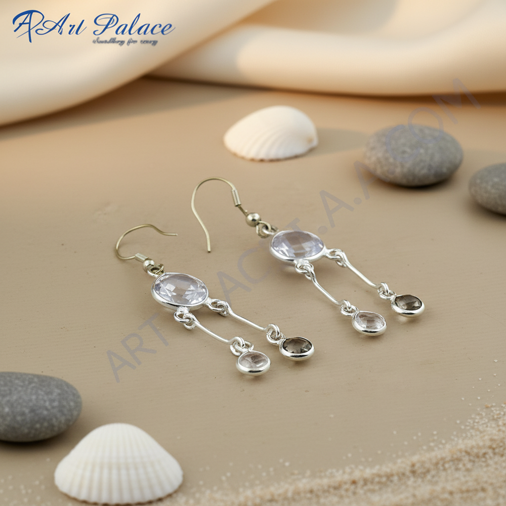 Sterling silver dangle earrings with clear and smoky quartz gemstones