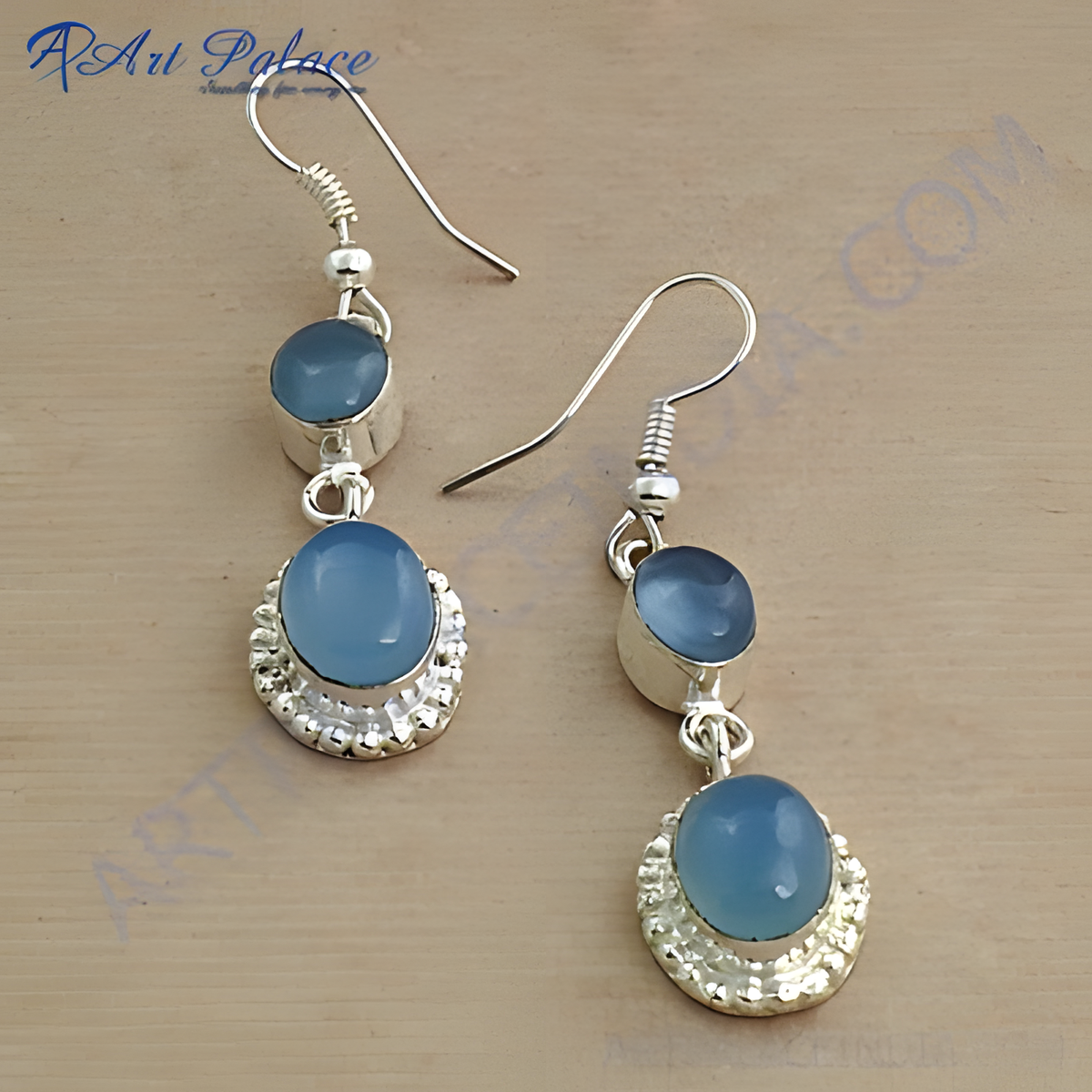 925 sterling silver drop earrings with oval blue chalcedony gemstones