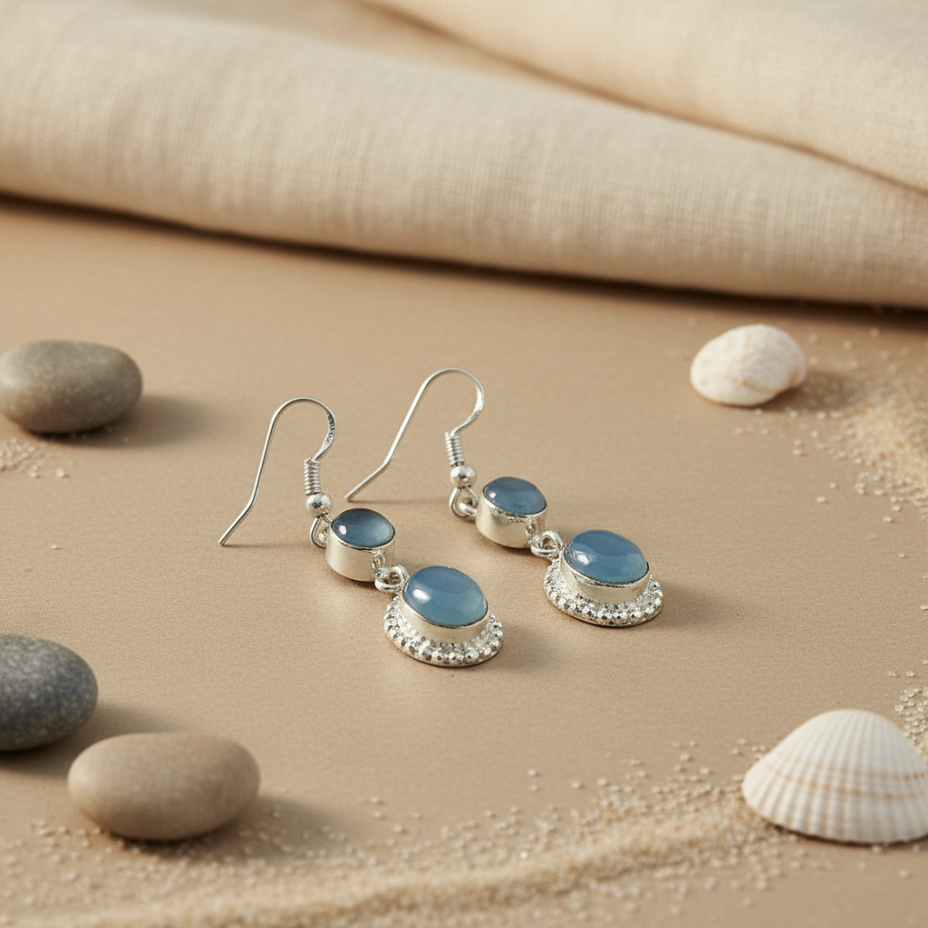 925 Silver Blue Chalcedony Drop Earrings for Women | Gift