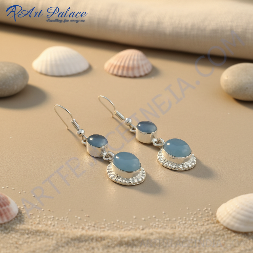 925 sterling silver drop earrings with oval blue chalcedony gemstones