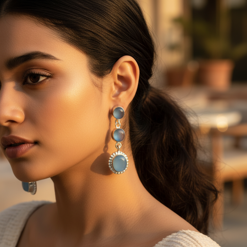 925 Silver Blue Chalcedony Drop Earrings for Women | Gift