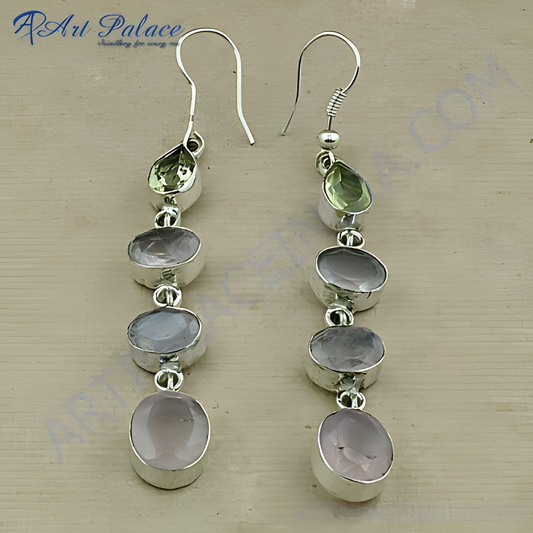925 sterling silver drop earrings with green and pink gemstones, a stunning accessory for women.