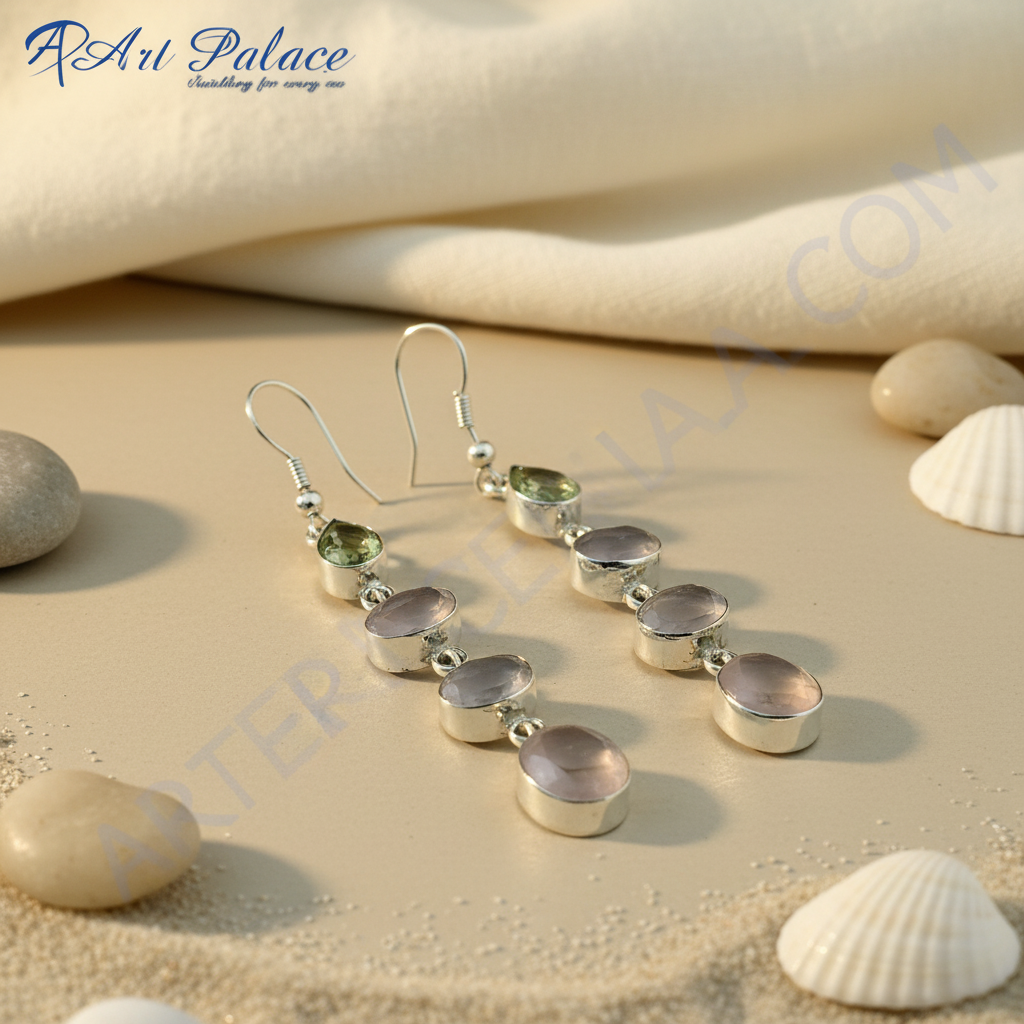 925 sterling silver drop earrings with green and pink gemstones, a stunning accessory for women