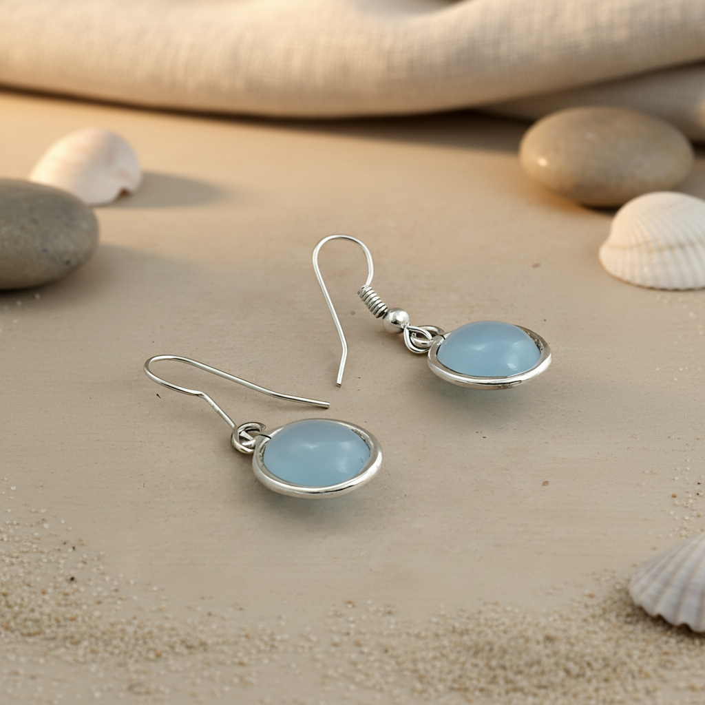 Sterling silver drop earrings with light blue chalcedony gemstones, perfect for women
