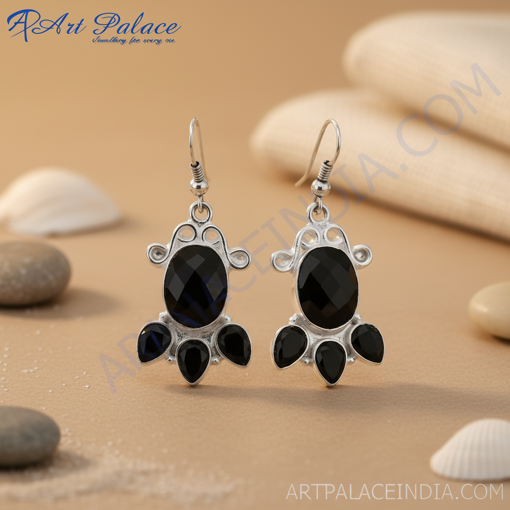 925 sterling silver dangle earrings featuring black onyx gemstones, perfect for any occasion.