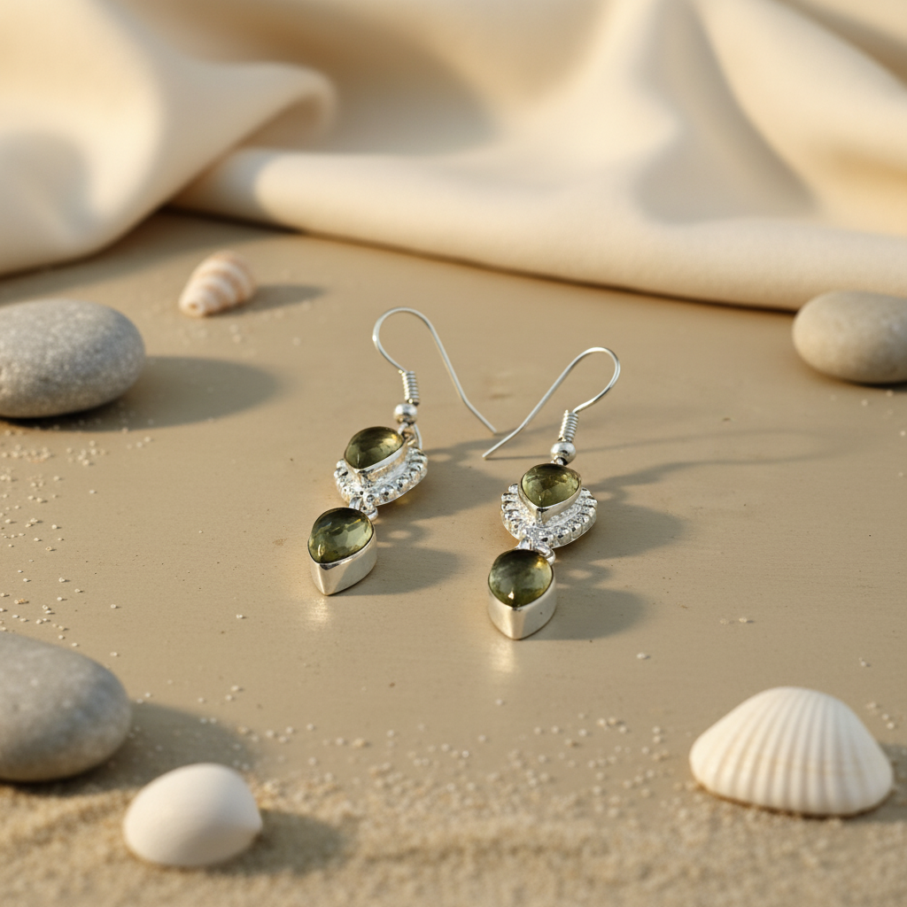 Sterling silver dangle earrings with pear-shaped green gemstones, perfect for a special gift.
