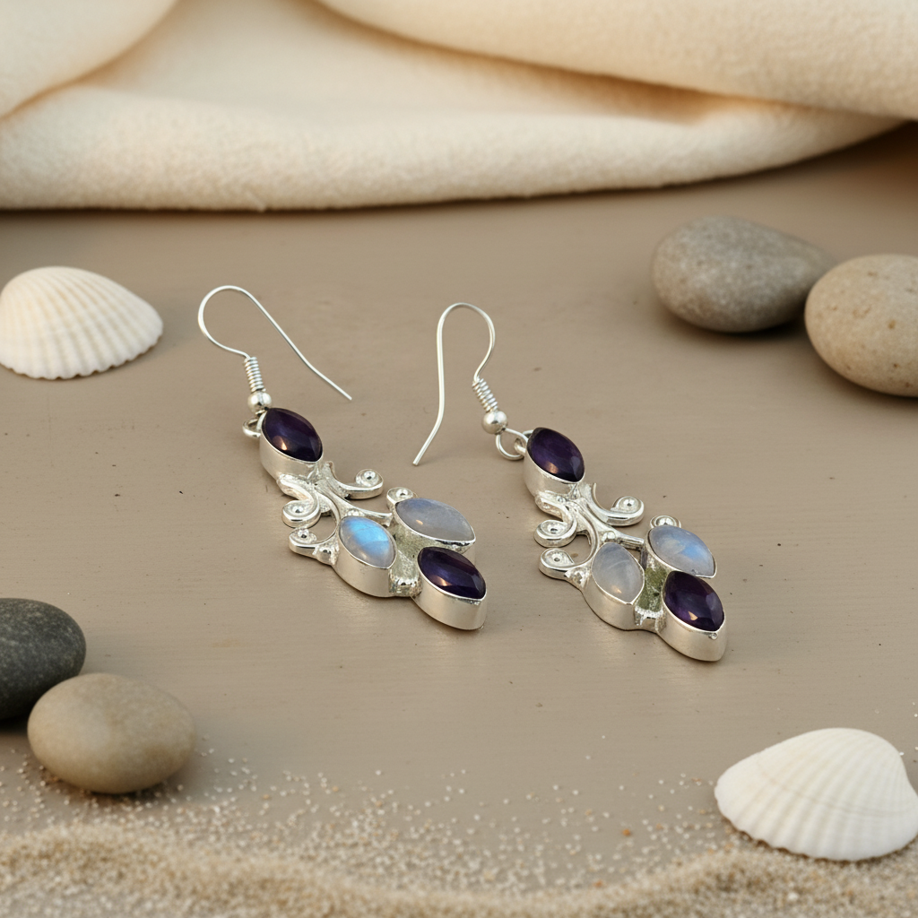925 sterling silver dangle earrings with purple amethyst and iridescent moonstone gemstones