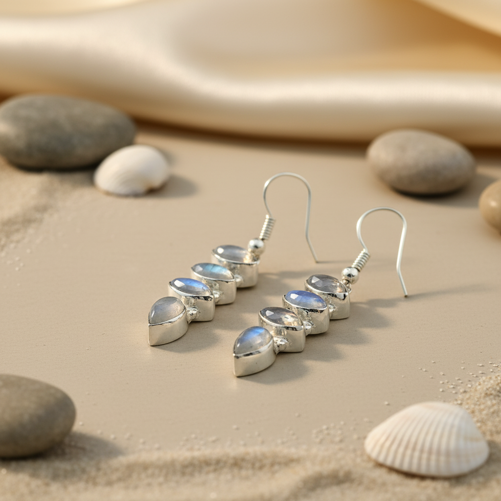 Sterling silver dangle earrings featuring multiple blue moonstone gemstones