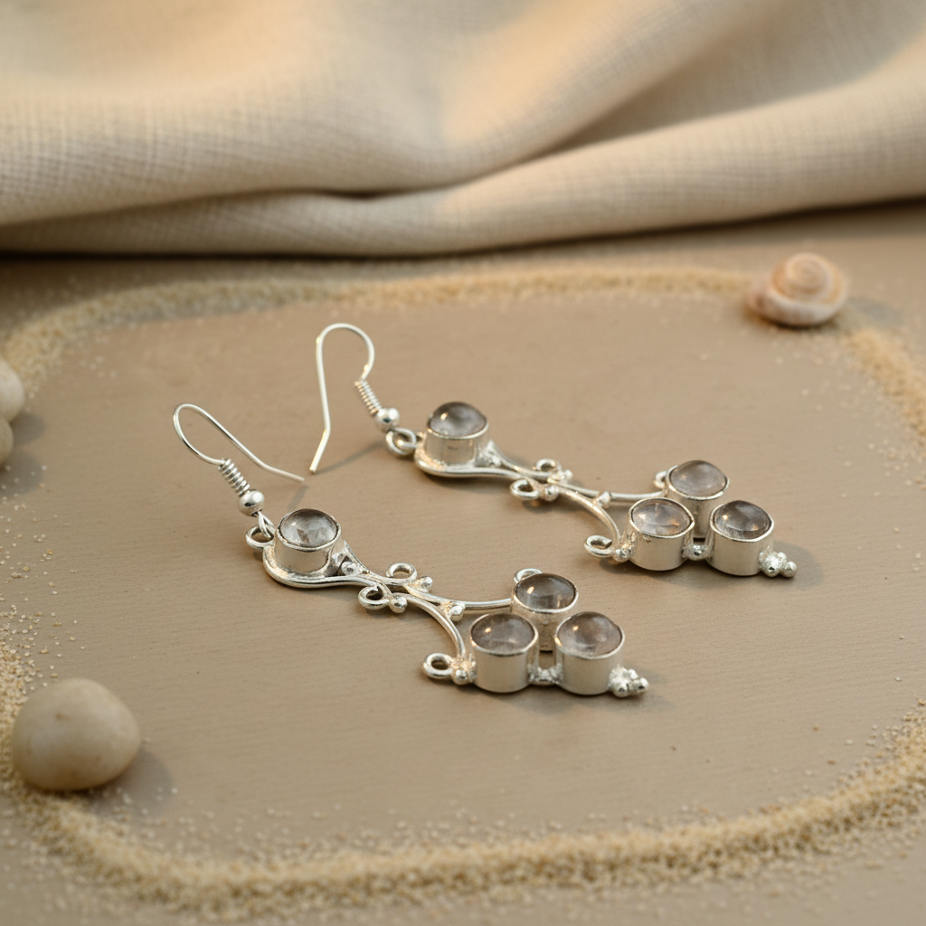 Sterling silver dangle earrings with multiple gemstones on a neutral background