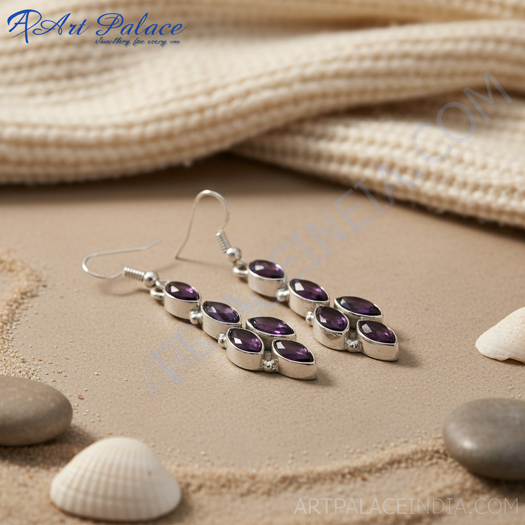 Sterling silver drop earrings featuring multiple oval cut purple amethyst gemstones, a classic elegant design