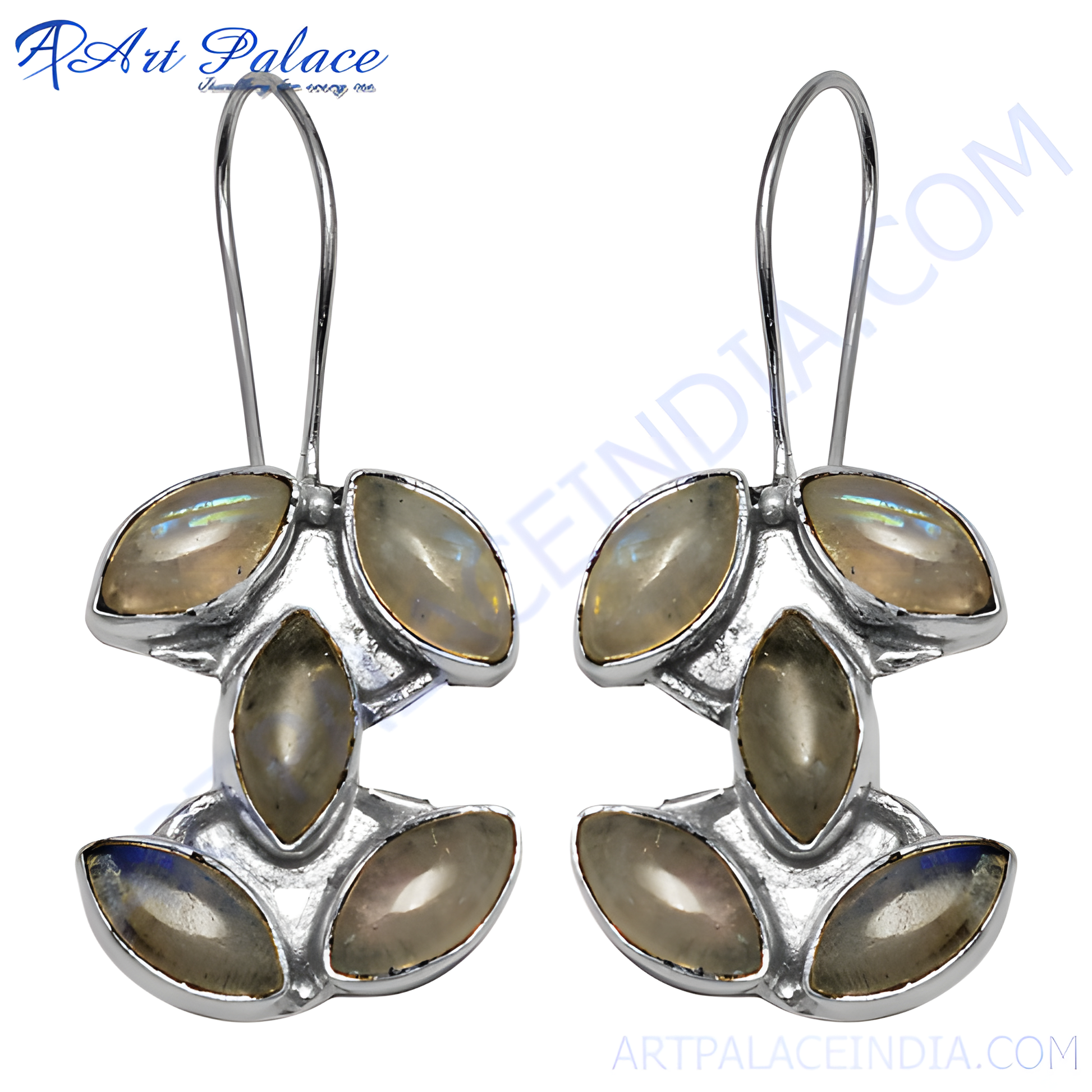 925 sterling silver dangle earrings with oval moonstone gemstones in leaf shape, women's jewelry