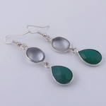 Load image into Gallery viewer, 925 sterling silver drop earrings with light grey oval stone and green agate teardrop gemstones.
