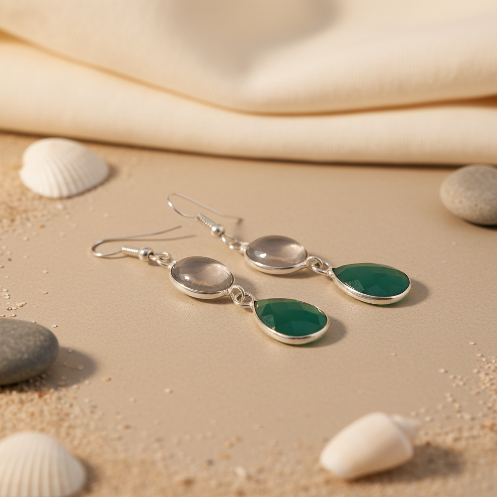 925 sterling silver drop earrings with light grey oval stone and green agate teardrop gemstones