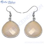 Load image into Gallery viewer, Silver teardrop dangle earrings with a faceted beige gemstone.
