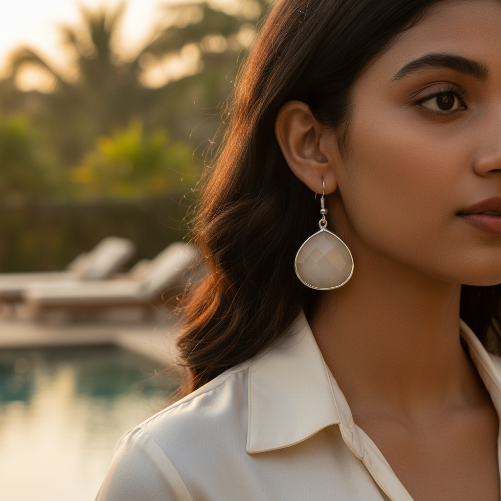 Silver Teardrop Earrings with Beige Gemstone | Women's Jewelry