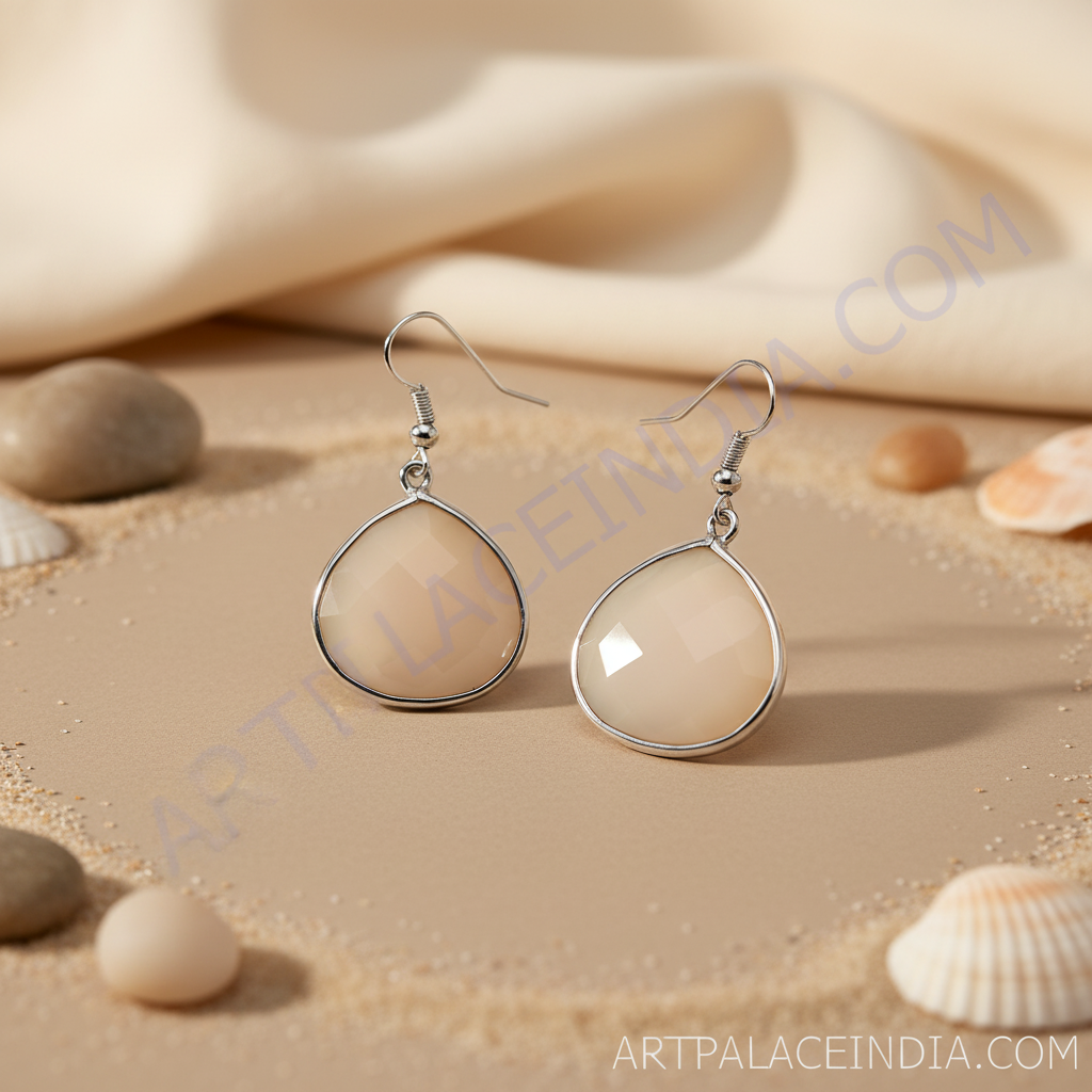 Silver teardrop dangle earrings with a faceted beige gemstone