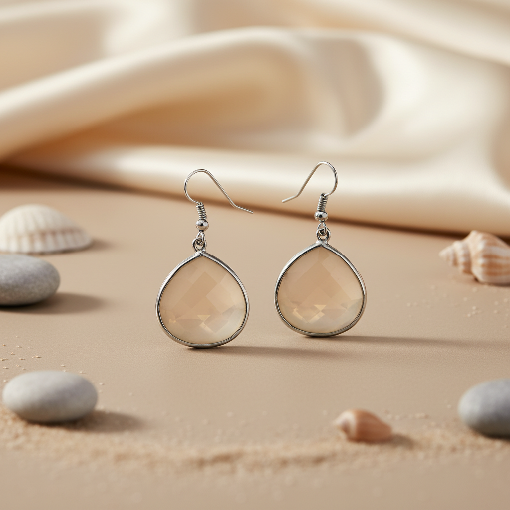 Silver Teardrop Earrings with Beige Gemstone | Women's Jewelry