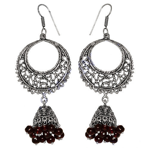 Silver filigree drop earrings with red bead dangles