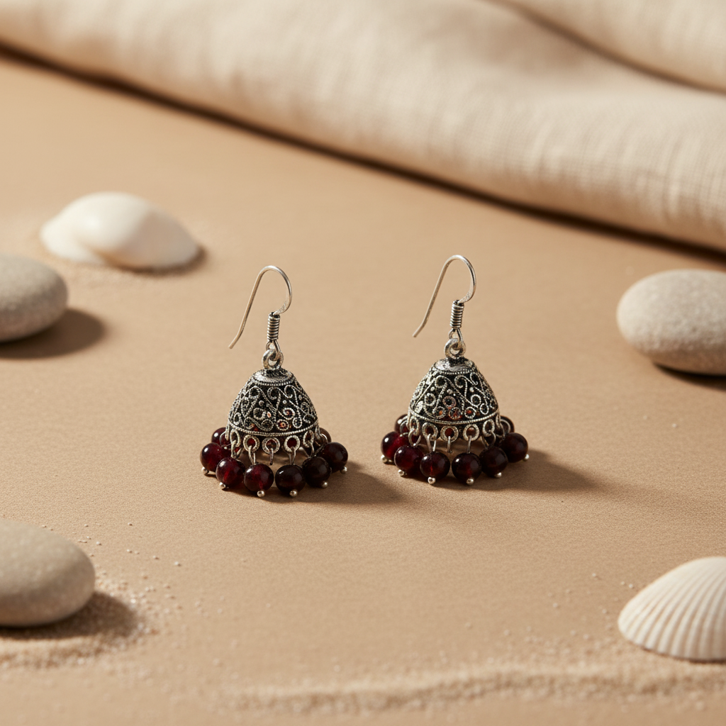 Silver Filigree Drop Earrings with Red Bead Dangles