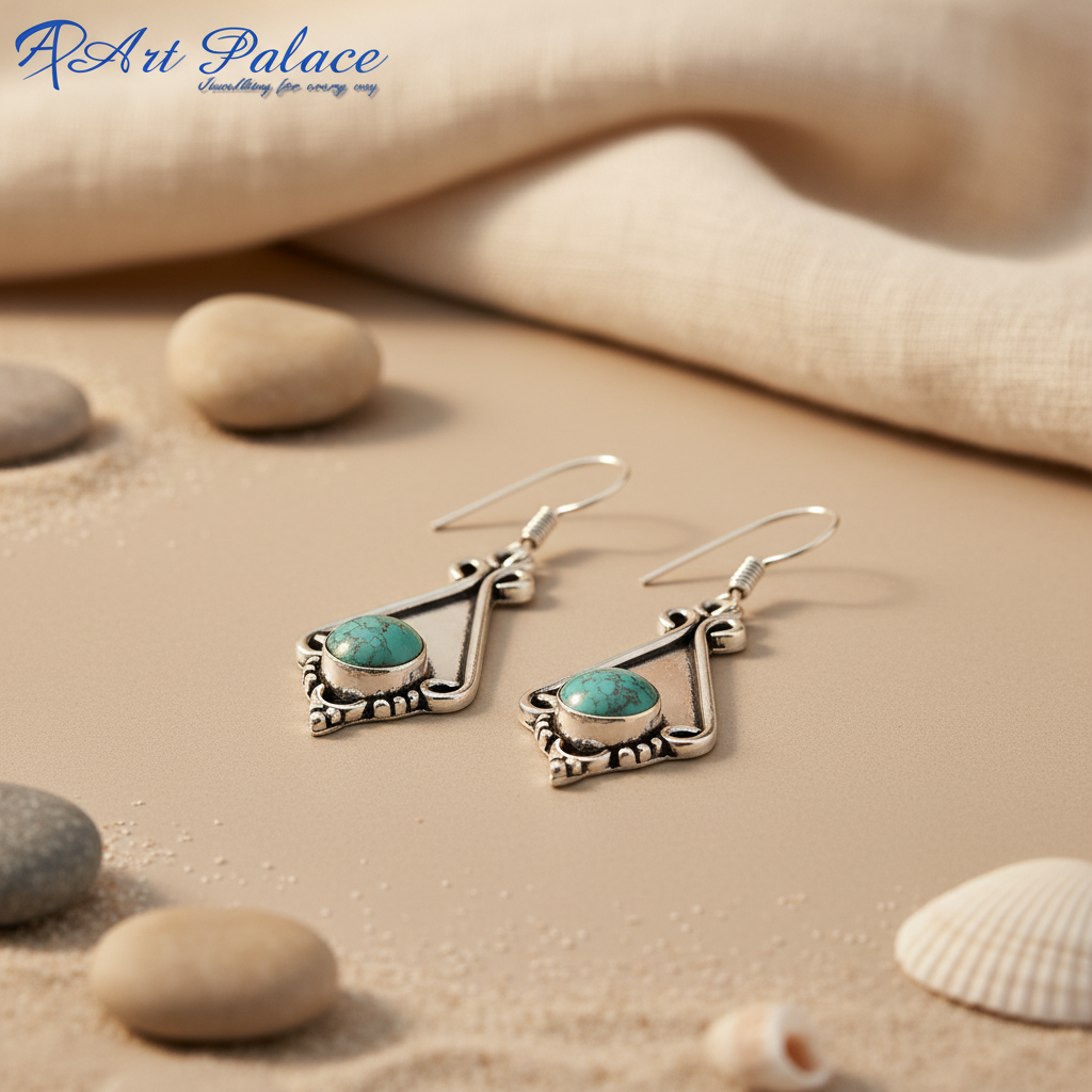 925 sterling silver dangle earrings with a round turquoise gemstone. Features a decorative design.