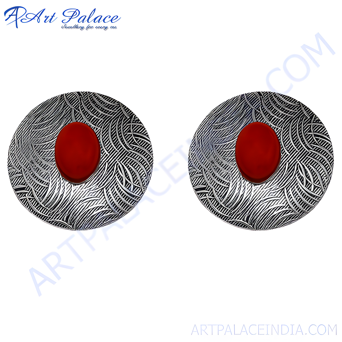 Silver stud earrings with a red oval gemstone center, featuring an intricate silver pattern