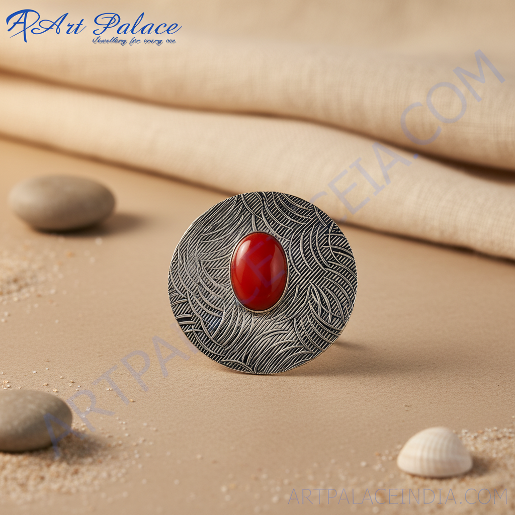 Silver stud earrings with a red oval gemstone center, featuring an intricate silver pattern.