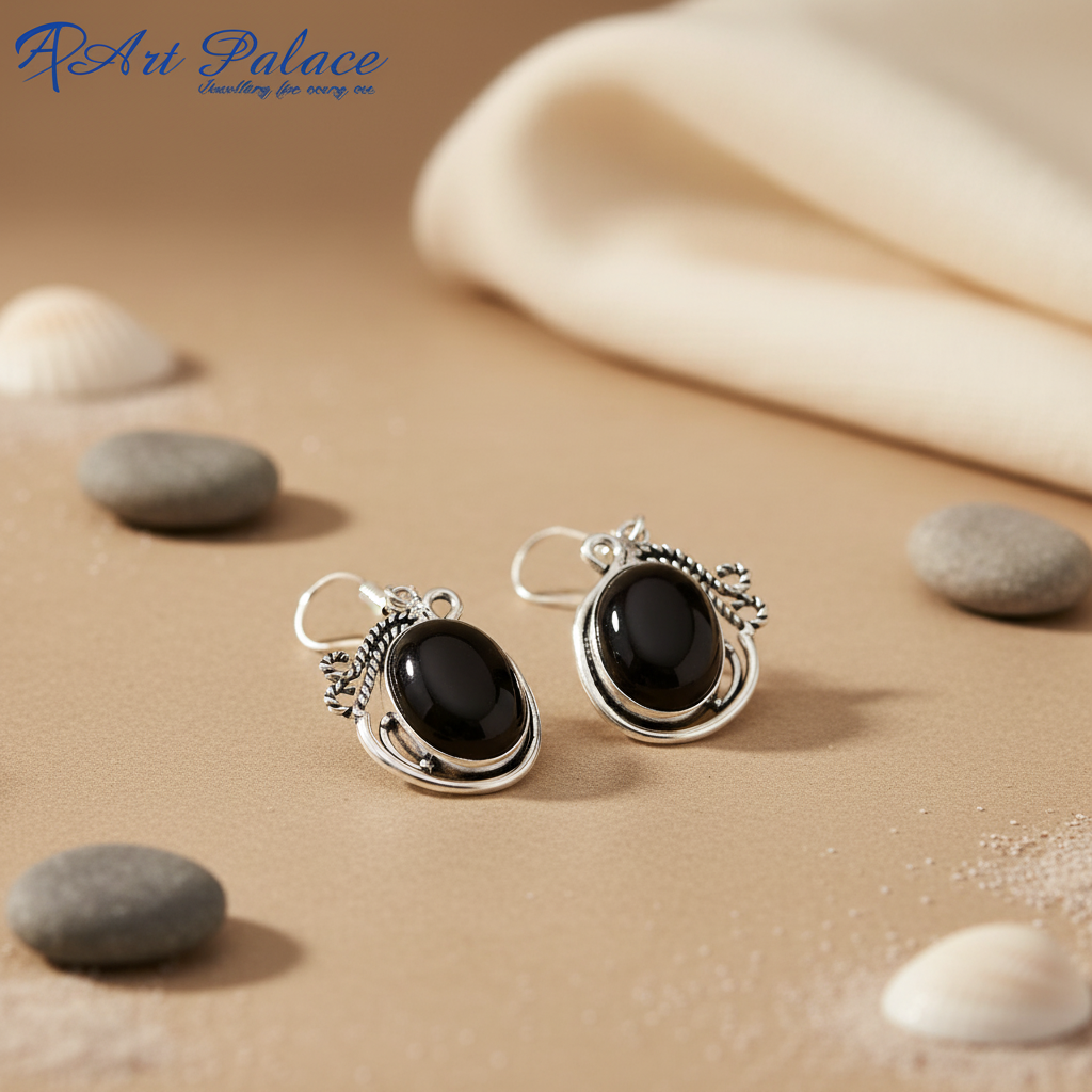 925 sterling silver dangle earrings with oval black onyx gemstones, perfect for any occasion