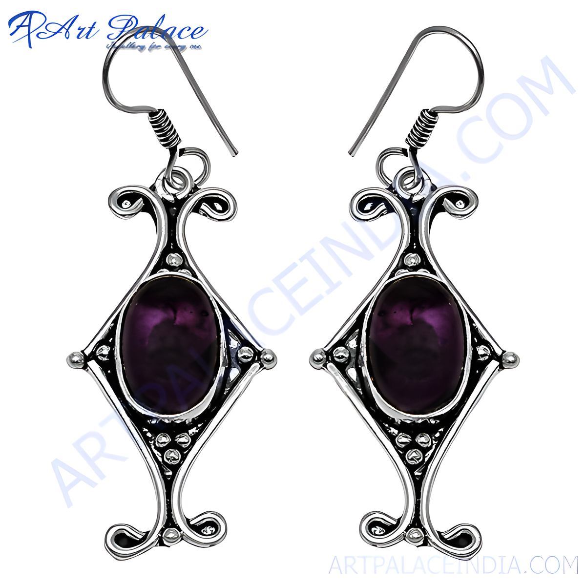 925 sterling silver dangle earrings with purple oval gemstone center, featuring a detailed art deco design