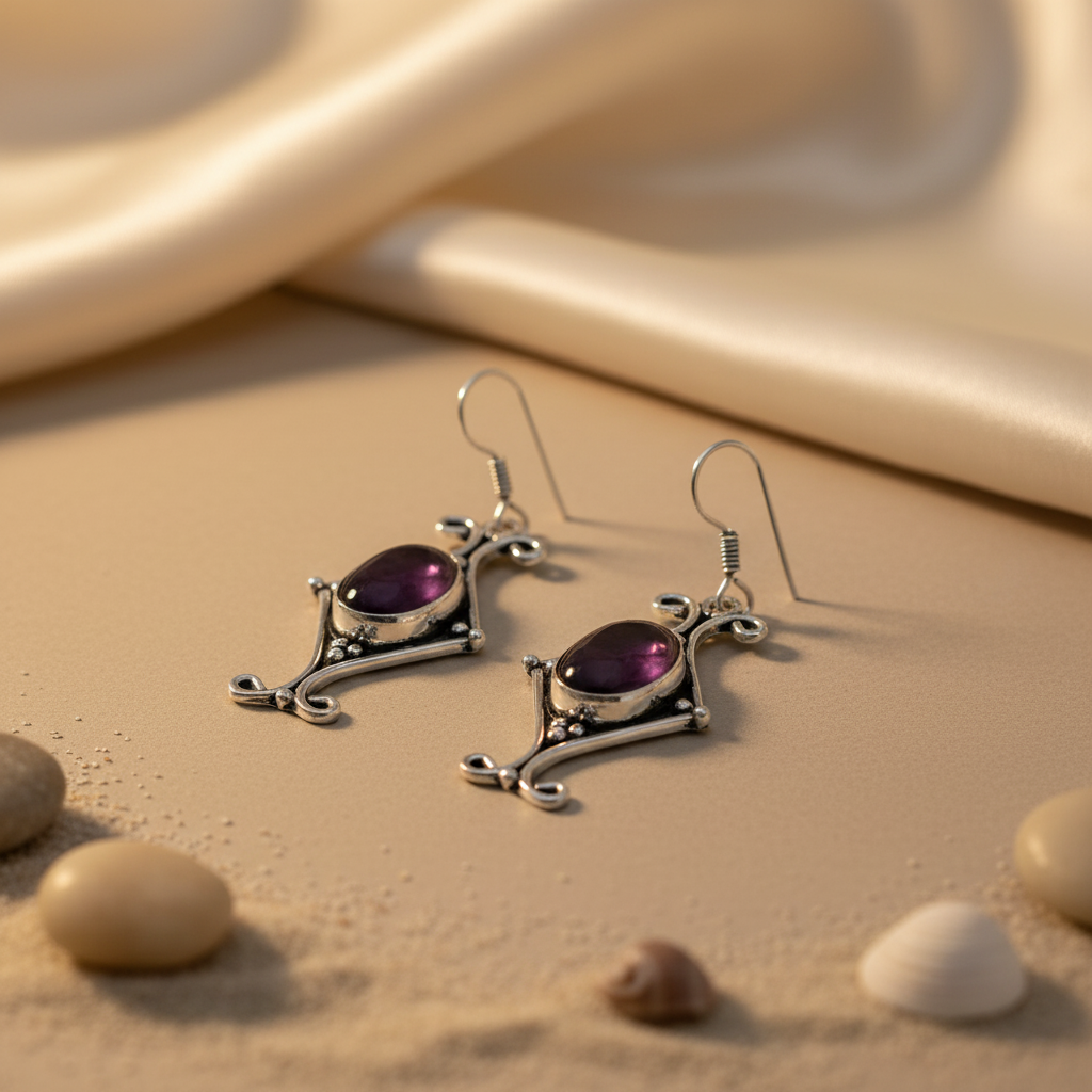 925 sterling silver dangle earrings with purple oval gemstone center, featuring a detailed art deco design.