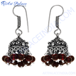 Load image into Gallery viewer, Silver jhumka earrings with ornate design and dangling red beads for women
