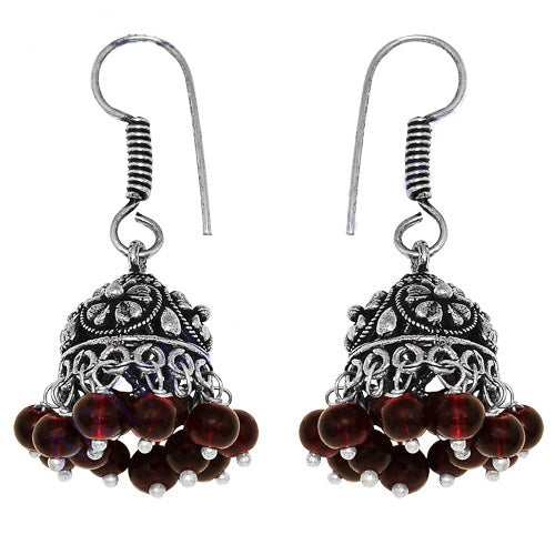 Silver Jhumka Earrings with Red Beads | Indian Ethnic Jewelry