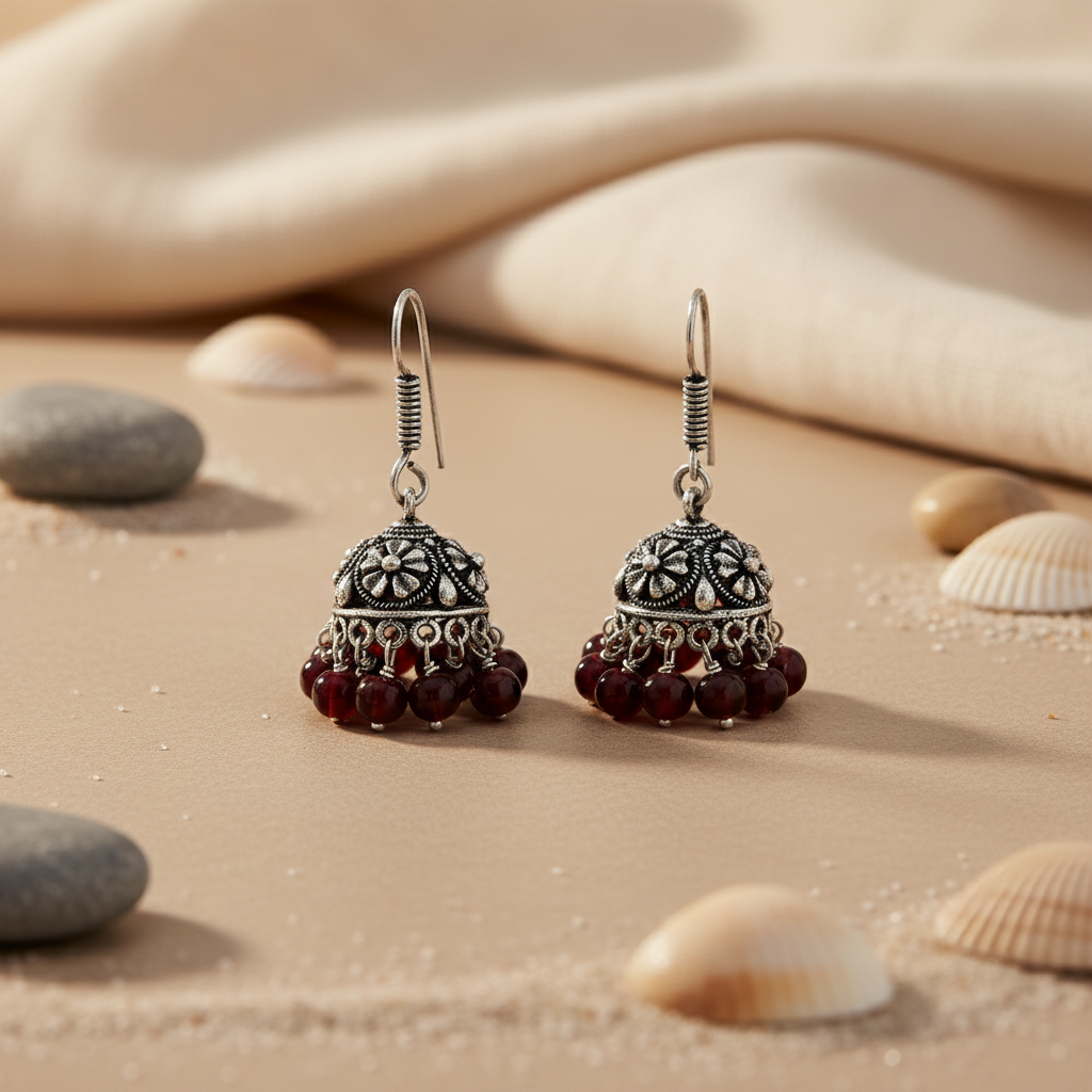 Silver Jhumka Earrings with Red Beads | Indian Ethnic Jewelry