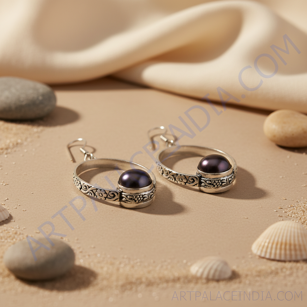 925 sterling silver oval earrings with black pearl and floral design