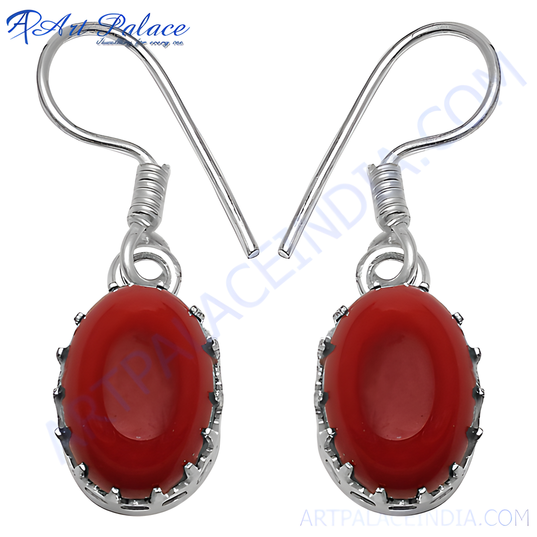 925 sterling silver dangle earrings with oval-shaped red coral gemstones
