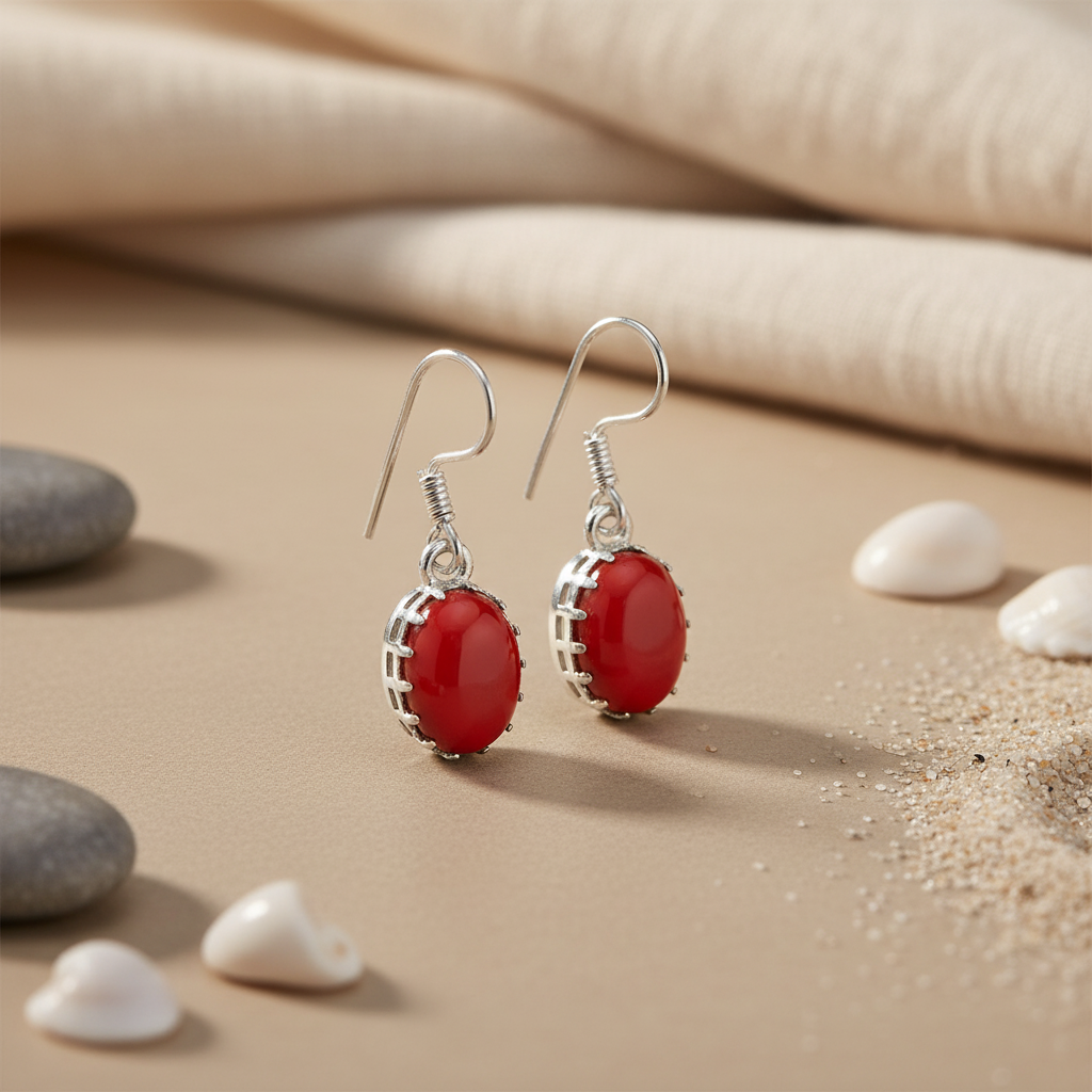 925 Silver Red Coral Earrings for Women | Dangle Jewelry