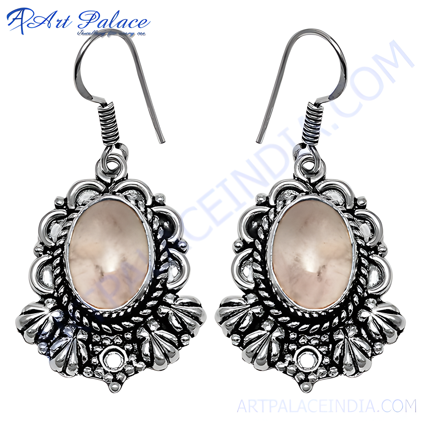 925 sterling silver dangle earrings with oval moonstone gemstones and intricate design