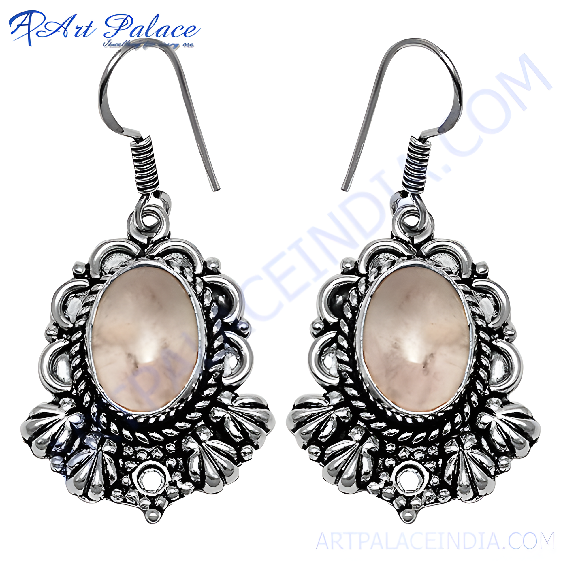 925 sterling silver dangle earrings with oval moonstone gemstones and intricate design