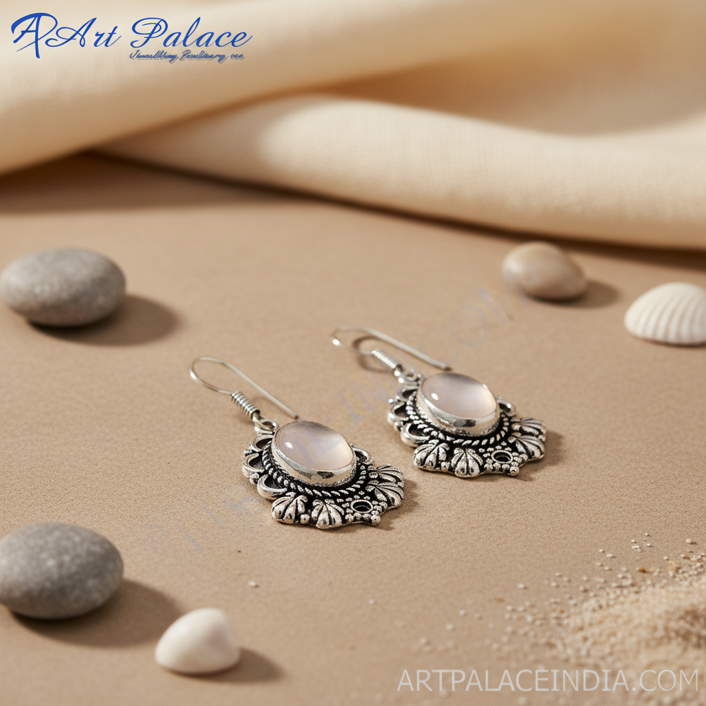 925 sterling silver dangle earrings with oval moonstone gemstones and intricate design