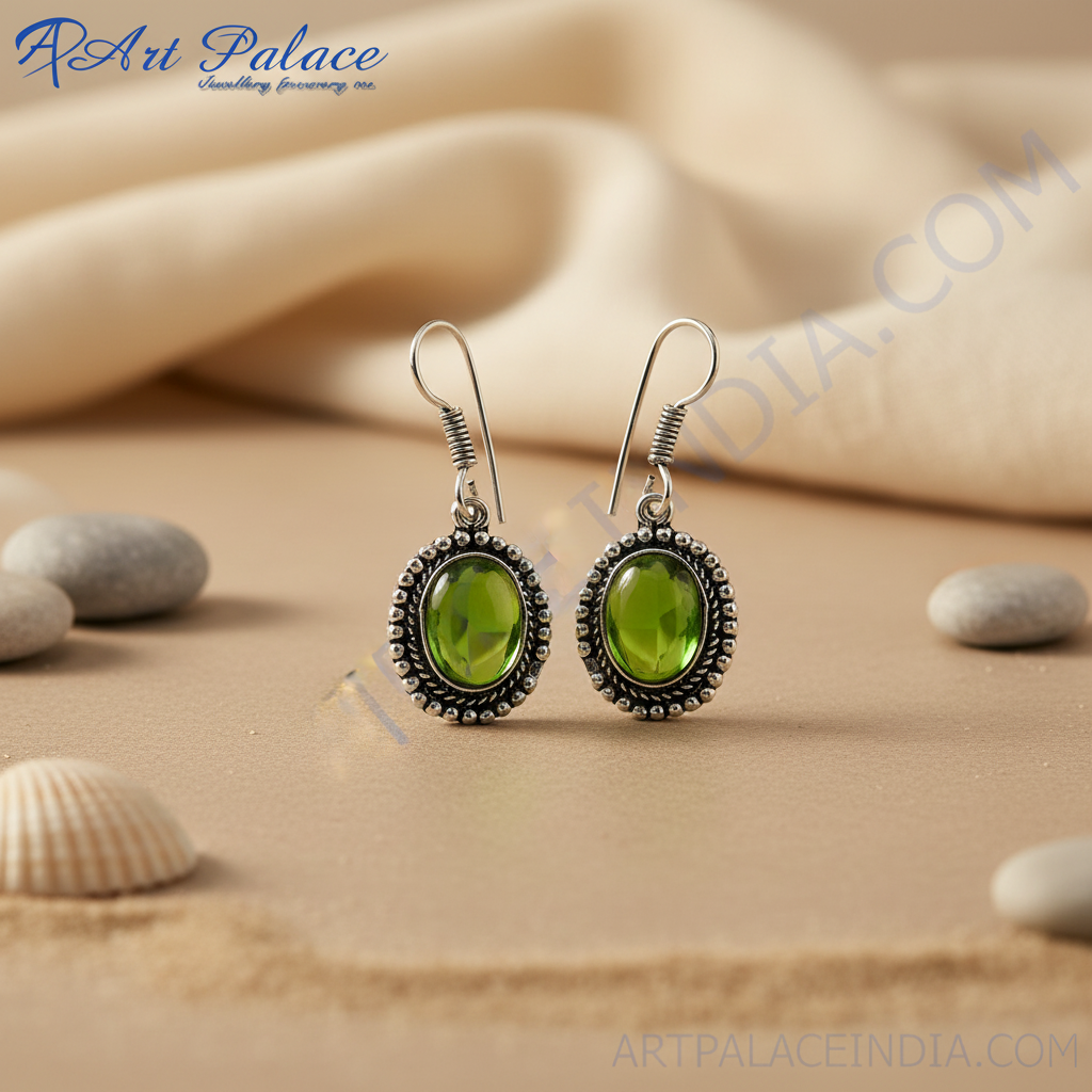 925 sterling silver dangle earrings with oval-shaped green gemstone for women