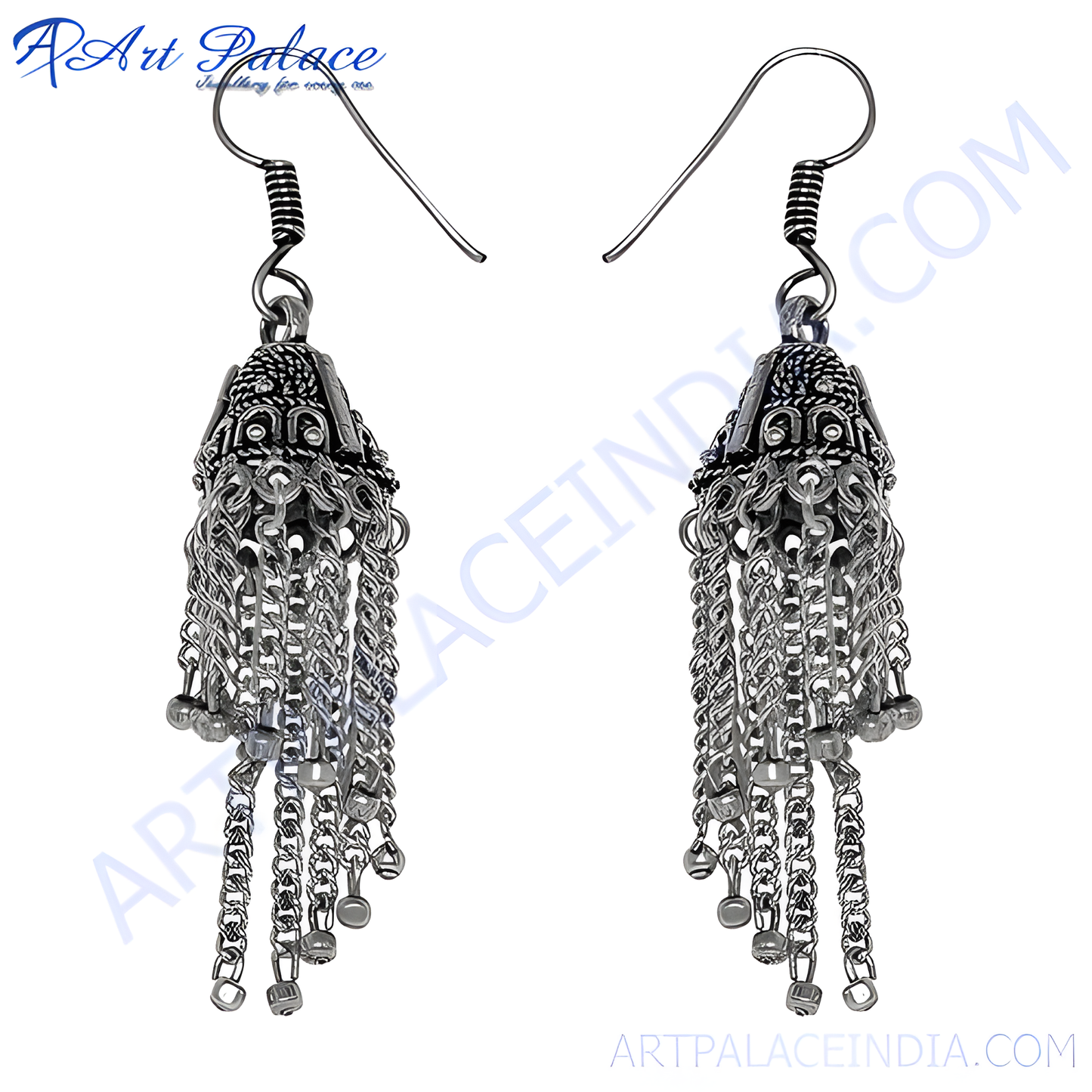 Sterling silver jhumka earrings with intricate detailing, ideal for women, showcasing a traditional design.
