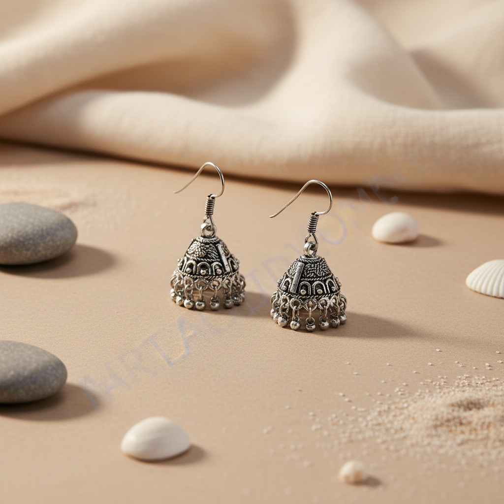 Sterling silver jhumka earrings with intricate detailing, ideal for women, showcasing a traditional design.