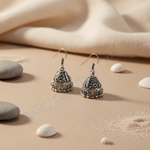 Load image into Gallery viewer, Sterling silver jhumka earrings with intricate detailing, ideal for women, showcasing a traditional design.

