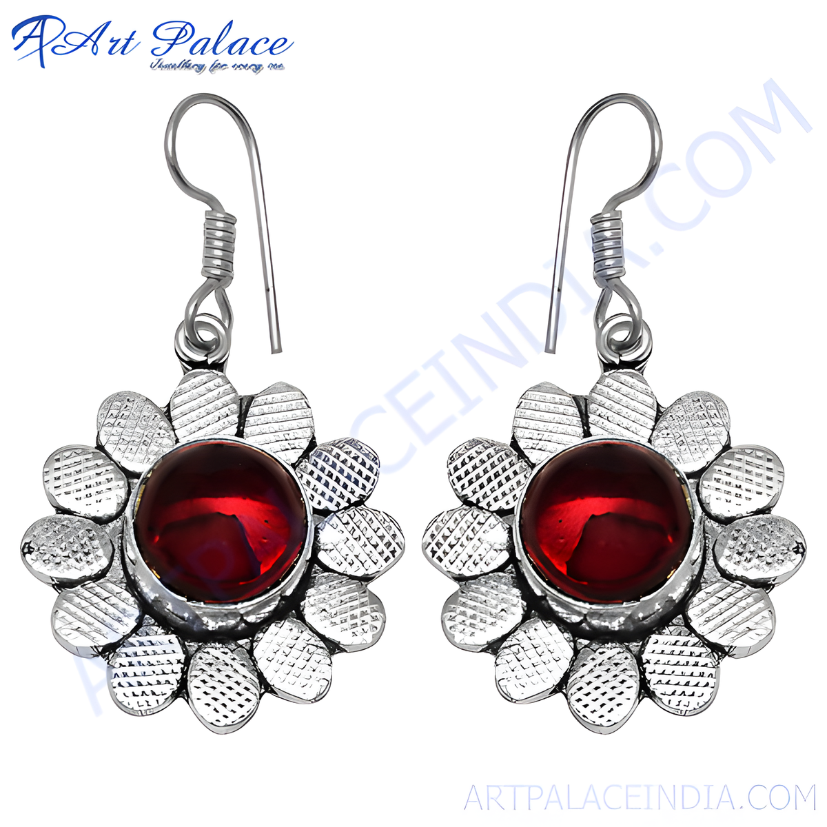 925 sterling silver dangle earrings with a red gemstone center in a flower design