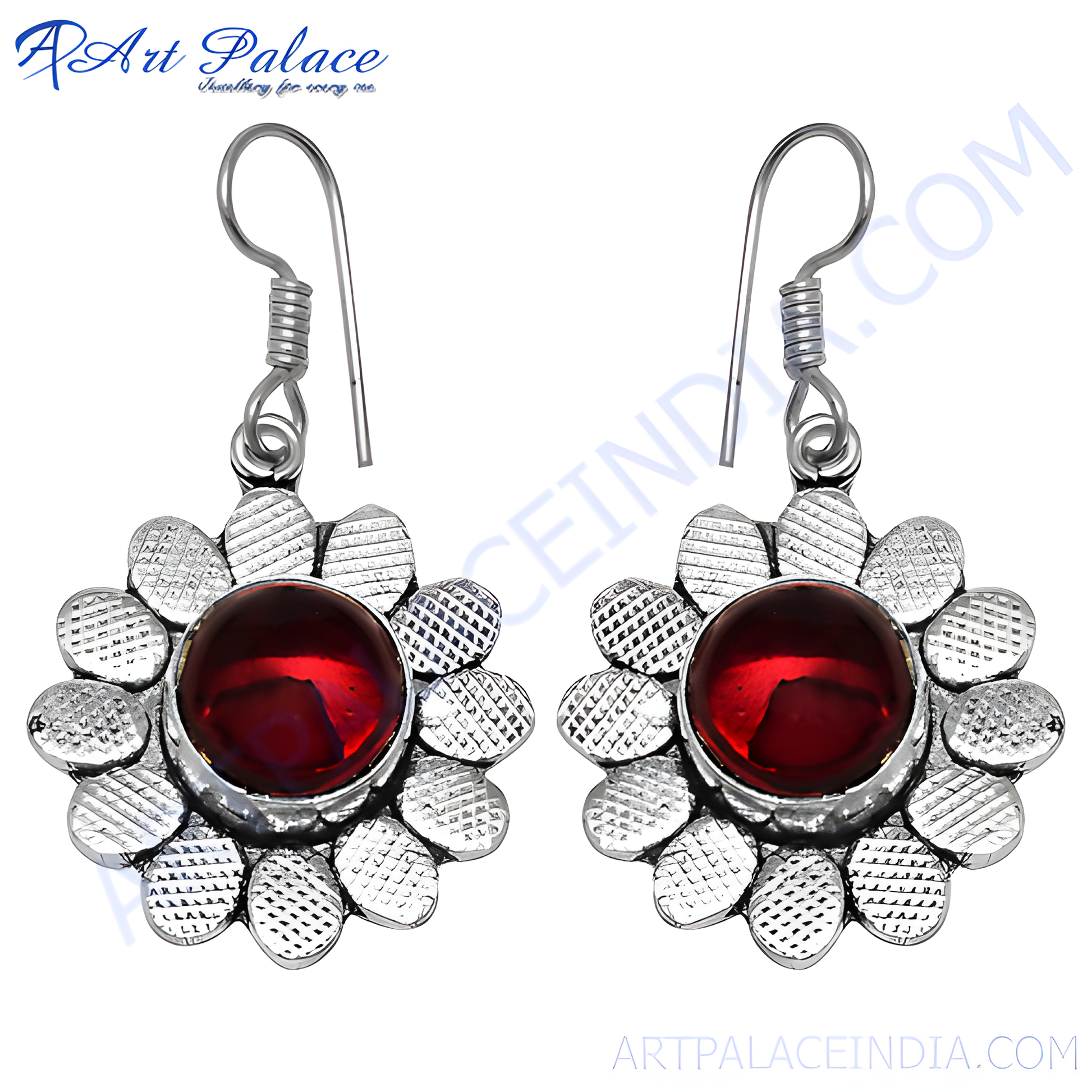 925 sterling silver dangle earrings with a red gemstone center in a flower design.