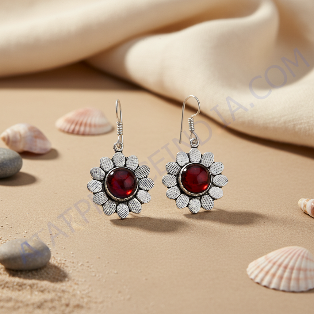 925 sterling silver dangle earrings with a red gemstone center in a flower design.